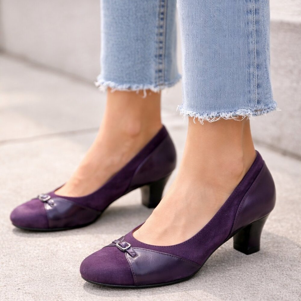 Naturalizer Size 6M Purple Suede Leather Low-Heel Pumps | Buckle Accent Shoes
